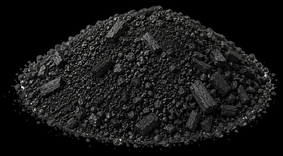 Biochar berbentuk bubuk arang halus bercampur serpihan arang untuk pembenah tanah
