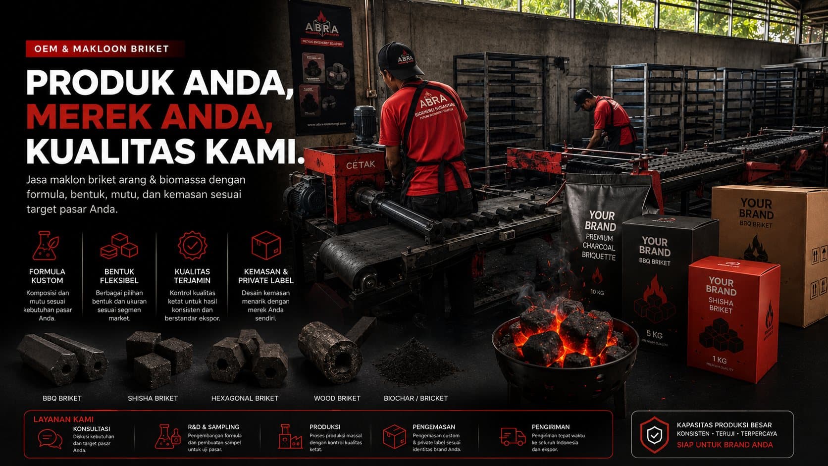 ABRA BRIK production line pressing charcoal briquettes at the Ciomas factory in Bogor, with private-label packaging samples — pouch, BBQ box and shisha box — carrying a customer brand
