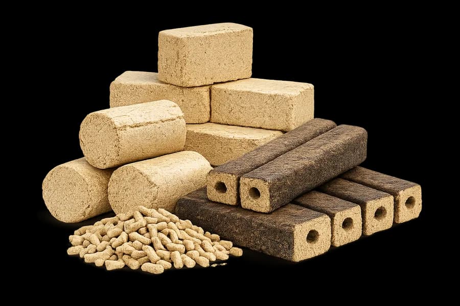 Pellet biomassa dan briket kayu kempa dari serbuk gergaji dalam beberapa ukuran